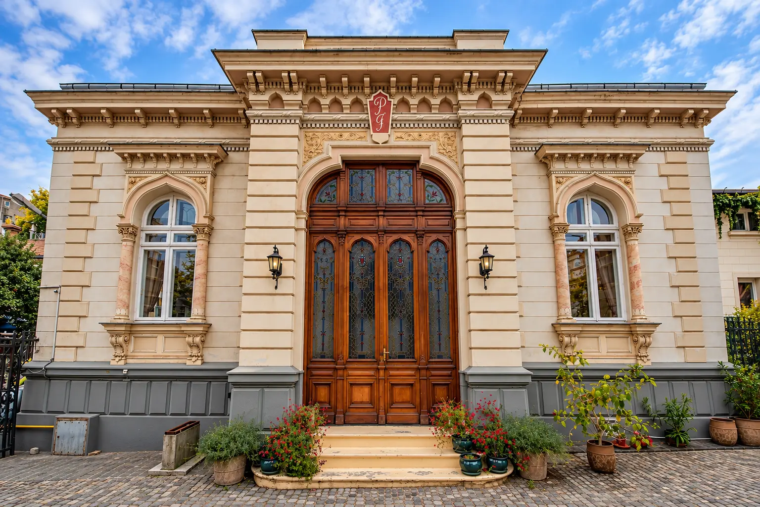 The historic building seen from the street, with its wooden door and stone façade