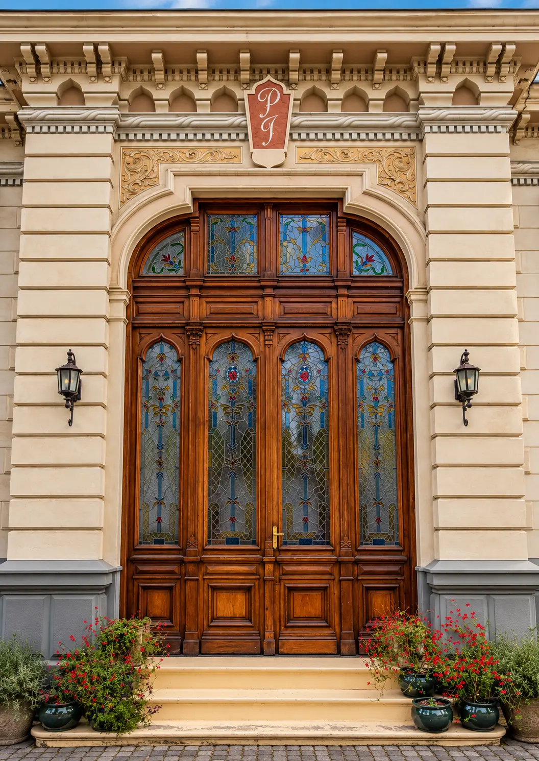 Close view of the carved wooden entrance door with stained-glass panels and the entrance steps
