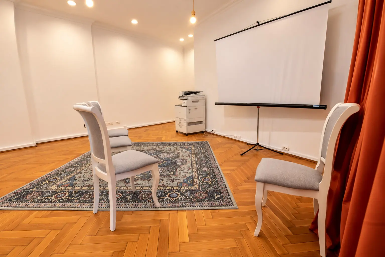 Warm Minimalist Training Room with Ornate Rug