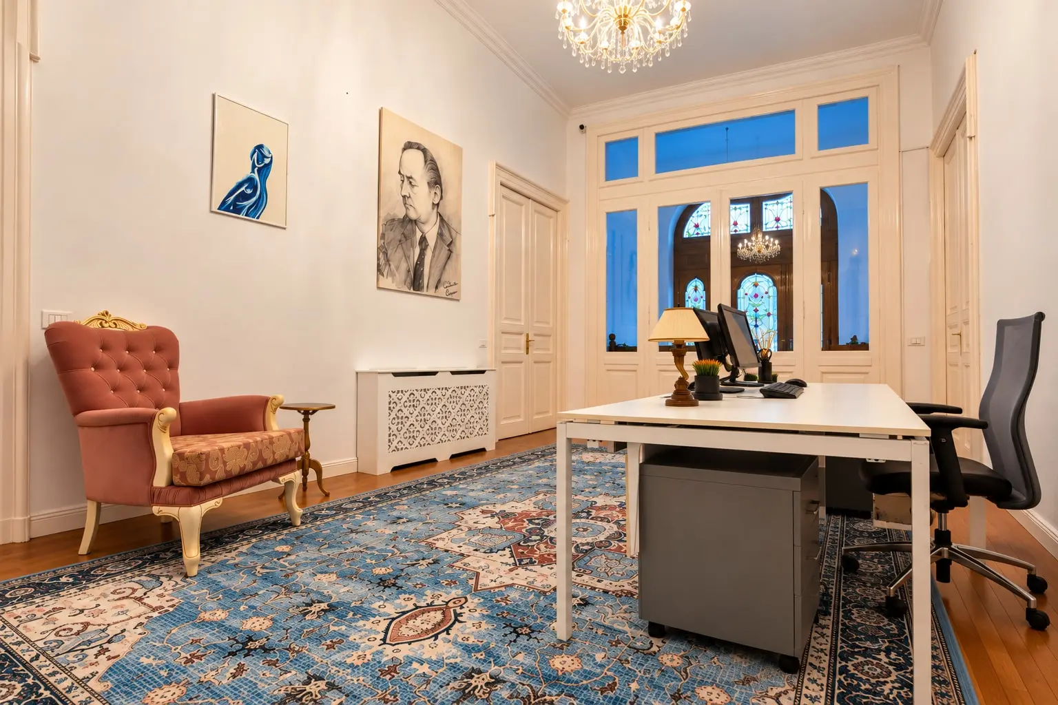 Elegant Classic Office with Stained Glass Doors