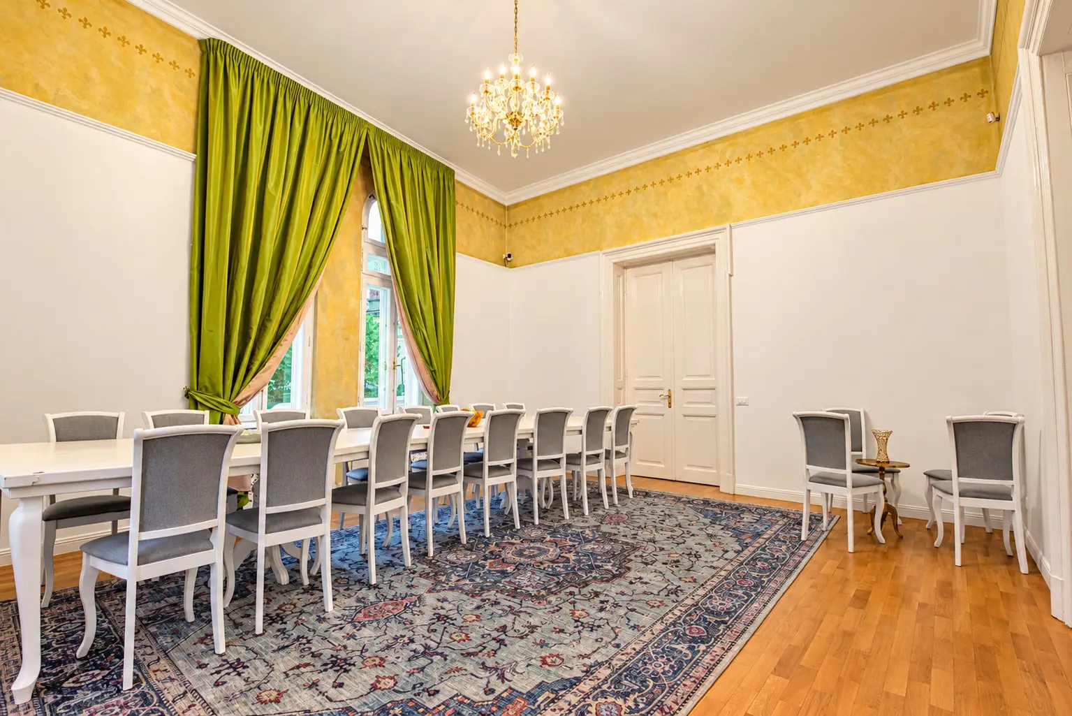 Elegant Classical Dining Room with Green Drapes