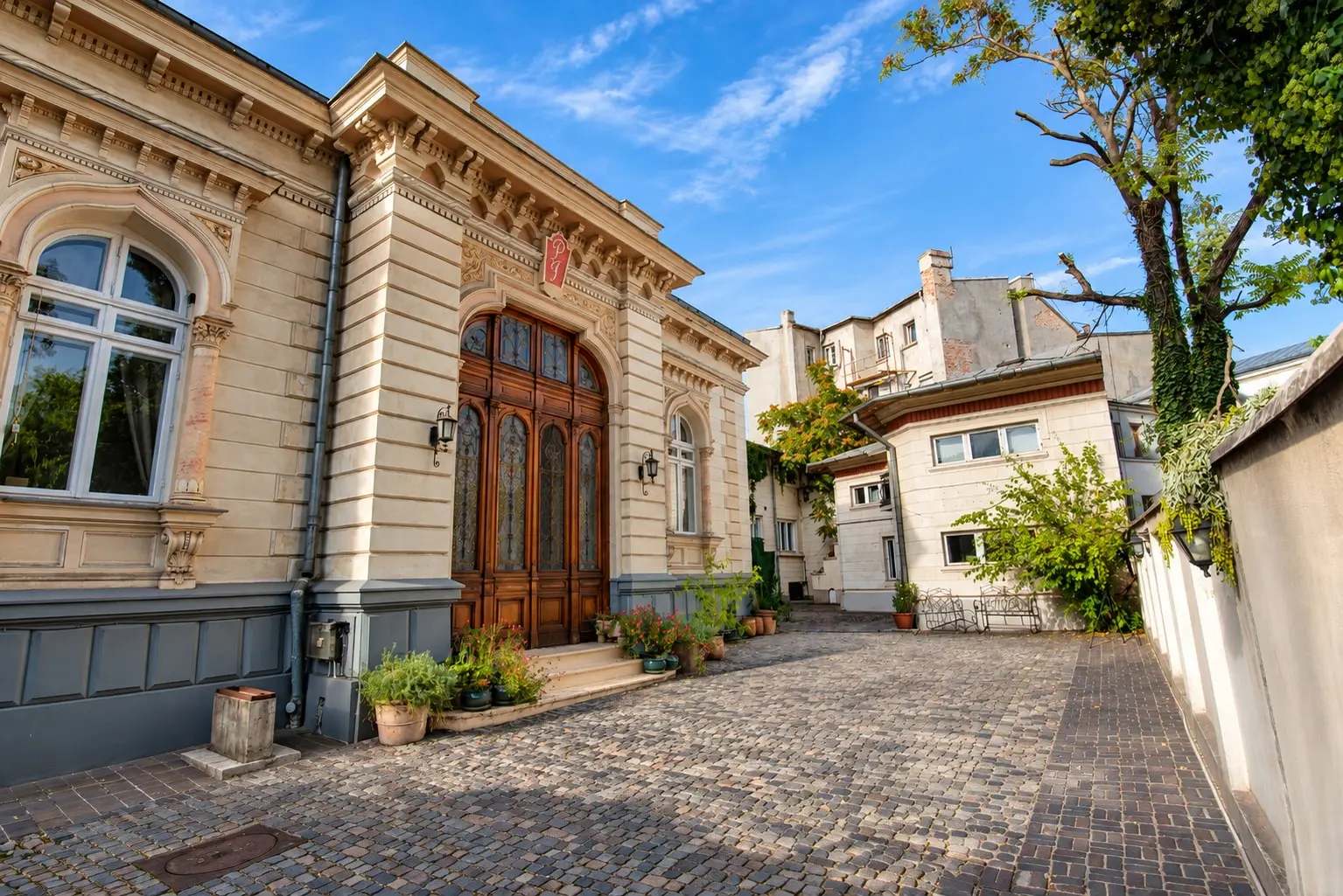 The entrance of the villa in the sunlight