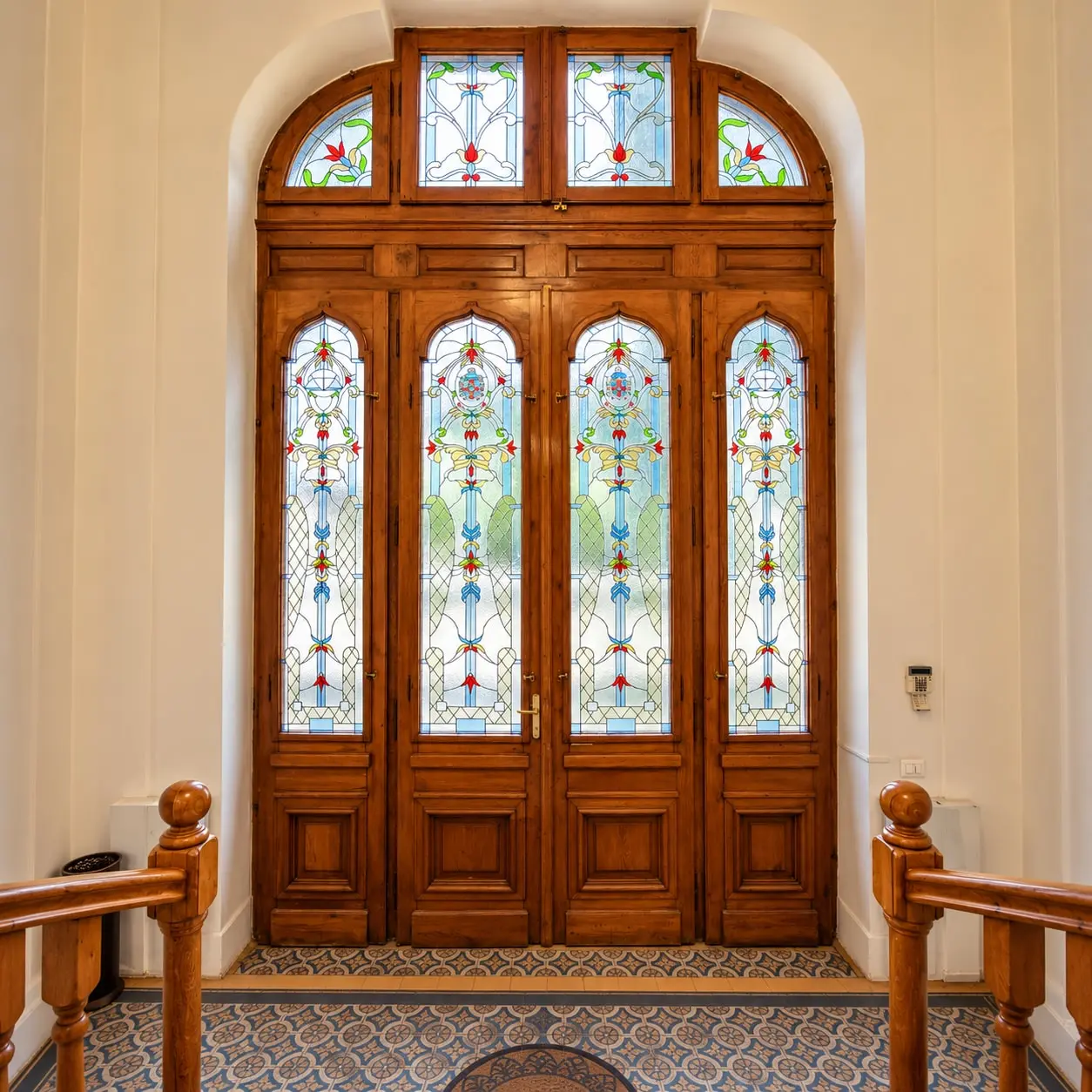 Stained-glass doors at the entrance