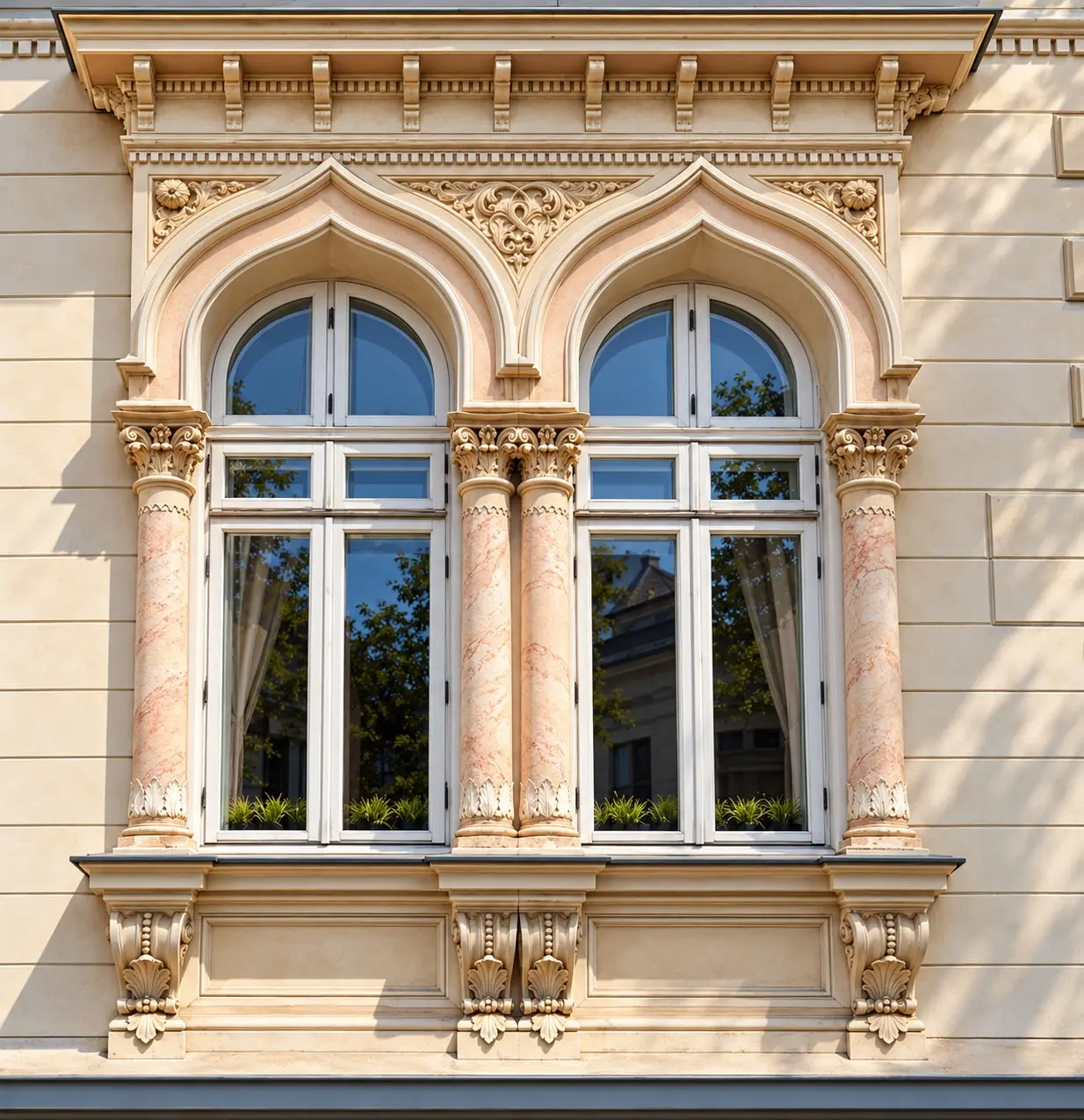 Twin-arch windows on the façade