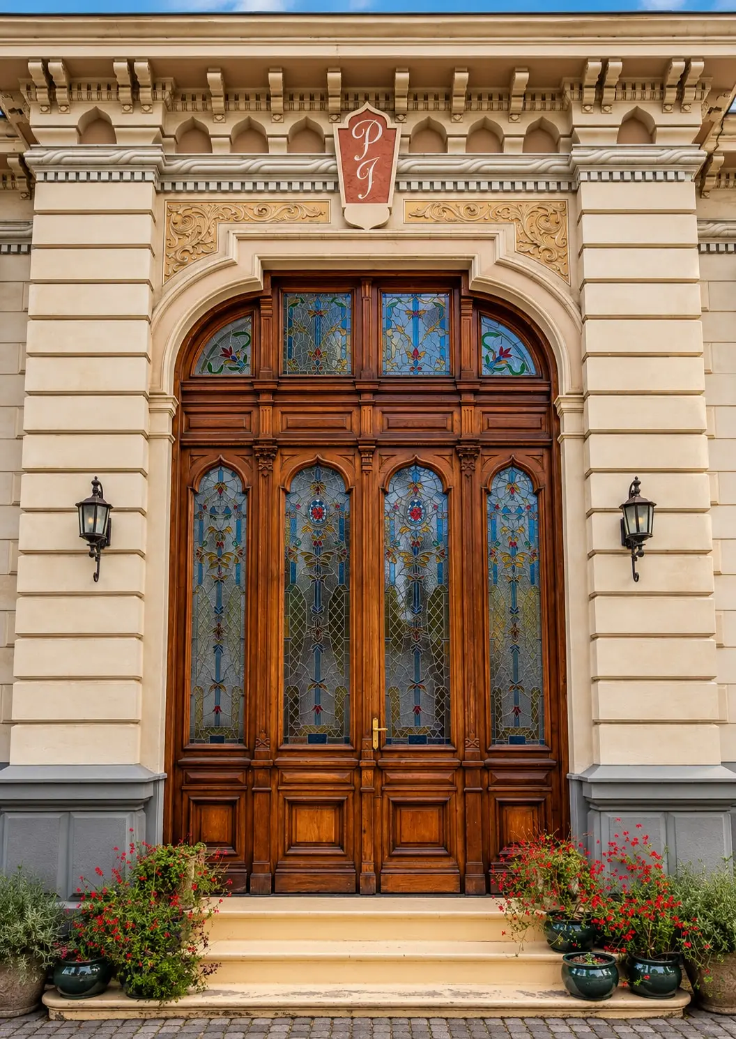 The carved entrance door with stained glass