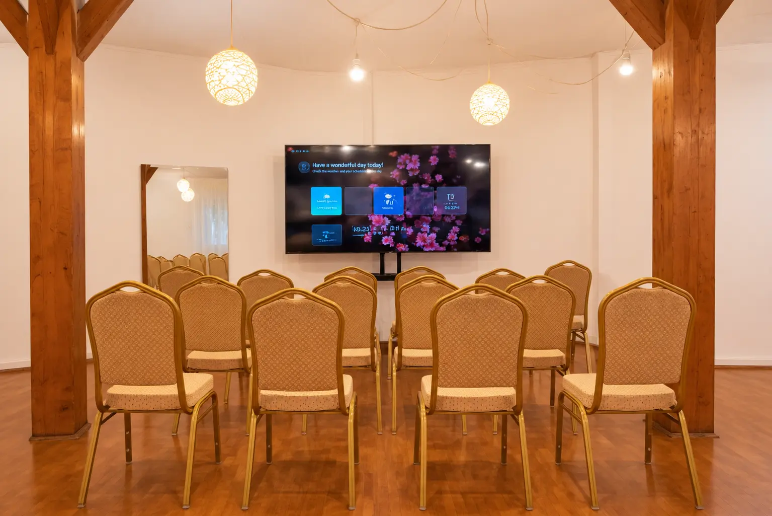 Warm Wooden Conference Room Setup projection posibilities