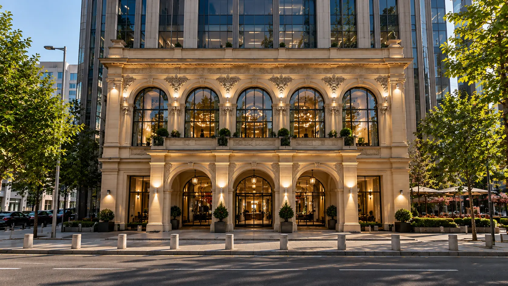A neoclassical stone façade with arched windows and warm lights, standing in front of a modern glass tower